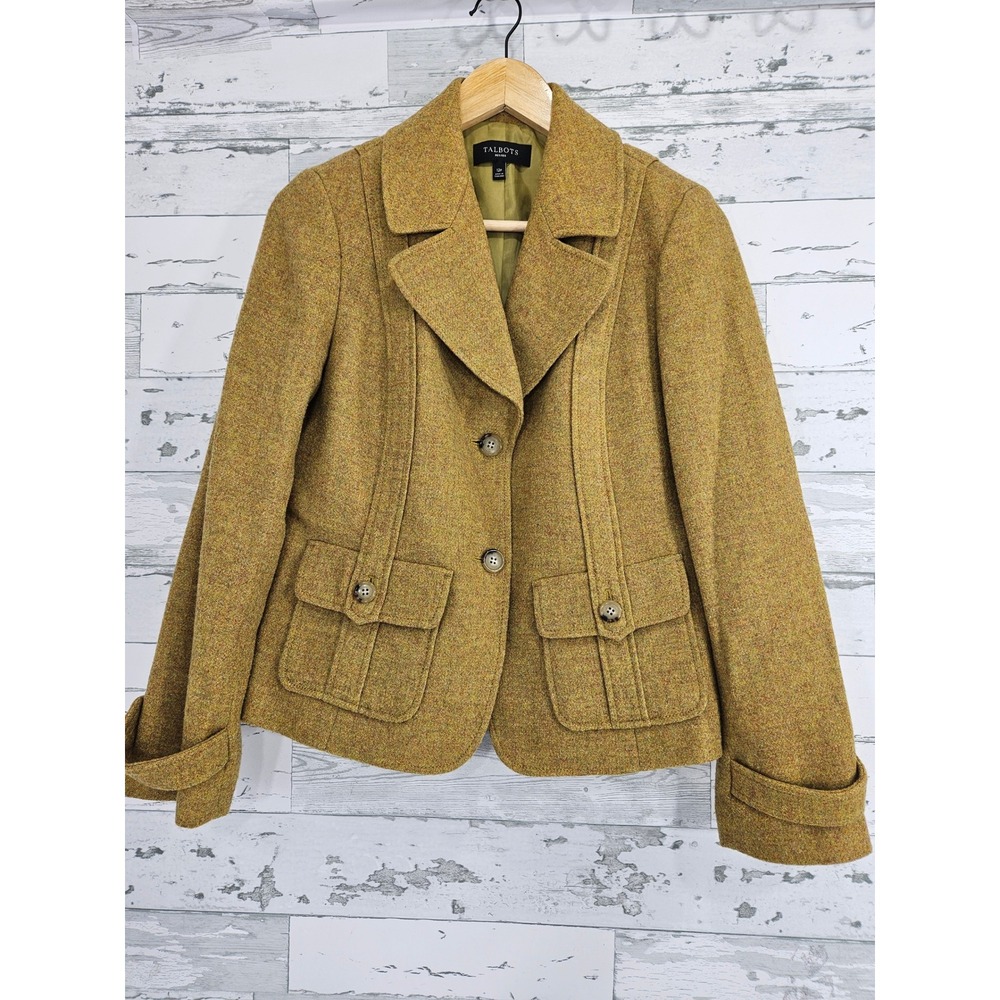 Talbots Petites Mustard Yellow Wool Blend Tweed Blazer Jacket 12P Professional